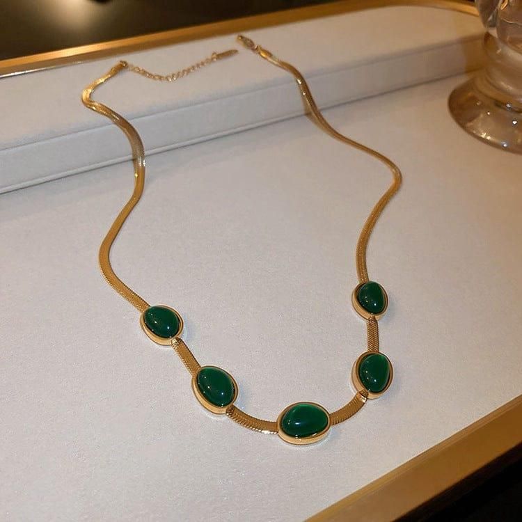 Oval Green Crystal Pendant Necklace & Bracelet Set